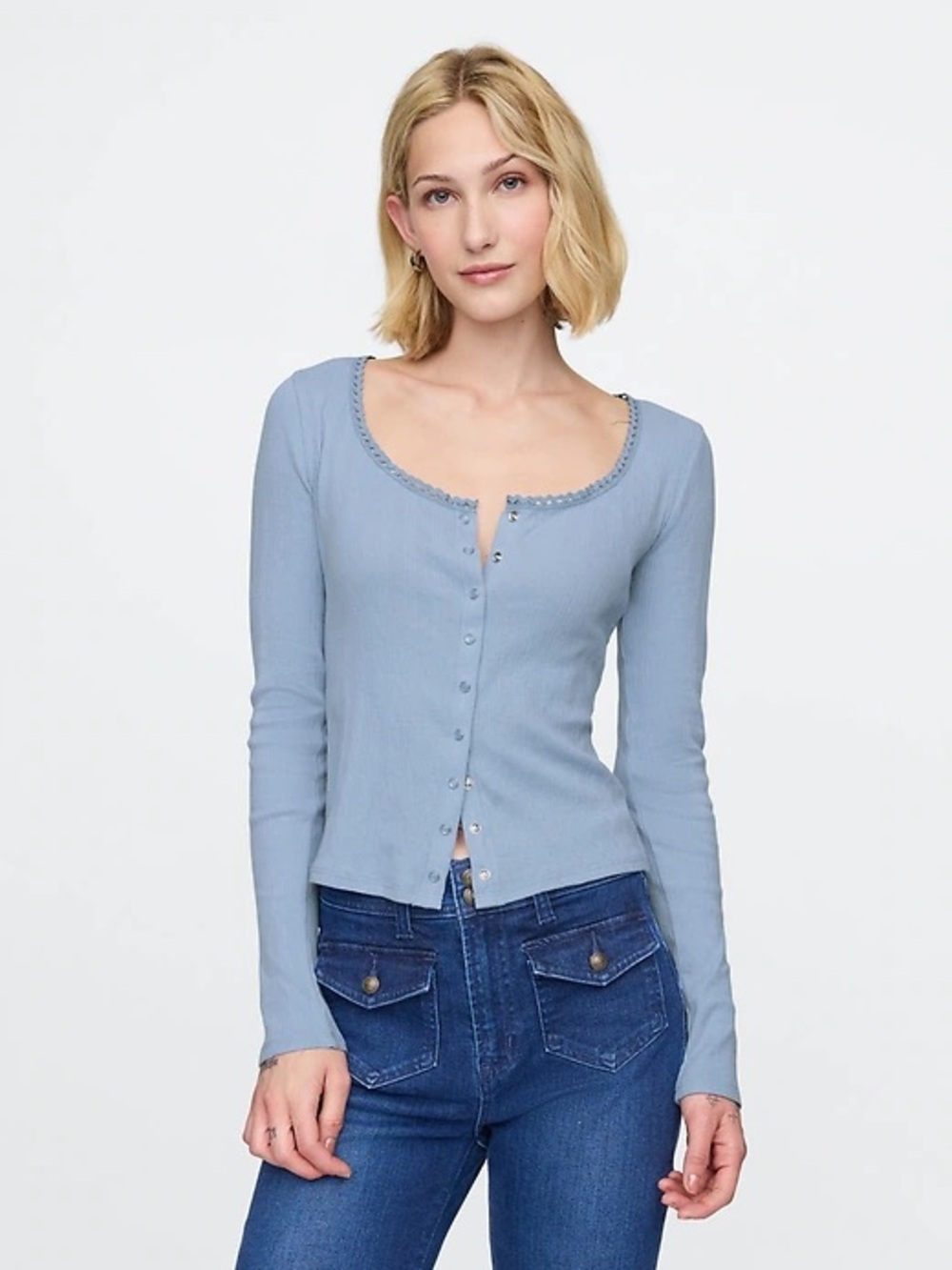 GAP Light Blue Pointelle Scoop-Neck Snap Cardigan -  Size Large NWOT
